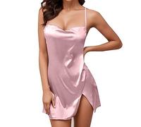 Generisch Ceinture en soie encolure en satin sous-vêtements vêtements de sommeil à faible budget mini robe de nuit pour femmes charmante robe de nuit, Rose, 3XL