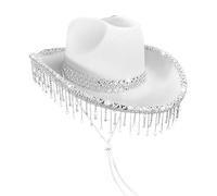 Generisch Chapeau de cowboy pour femme | Chapeau de cowgirl à paillettes, bijou de tête de festival avec pompons en strass pour photographie, voyage, Blanc., Siehe Beschreibung
