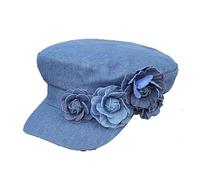 Generisch Chapeau d'été en jean pour femme avec cylindre plat et trois fleurs contrastées de couleur contrastée, tendance et près du visage, petit béret basque, bleu ciel, M