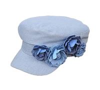 Generisch Chapeau d'été en jean pour femme avec trois fleurs contrastées - Tendance - Petit béret basque, bleu clair, M