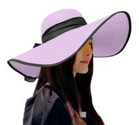 Generisch Chapeau d'été pour femme - Grand chapeau de paille à large bord - Chapeau d'été pliable enroulable - Chapeau de soleil bleu - Protection du cou, lilas, taille unique