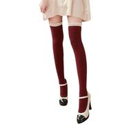 Generisch Chaussettes hautes pour femme, dentelle opaque, bas de cuisse, bonneterie, Bordeaux, taille unique