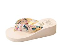 generisch Chaussures blanches pour femme - Imprimé bronze - Sandales en satin - Sandales de plage - Talon compensé - Tongs pour femme - Chaussures d'affaires - Noir, beige, 41 EU