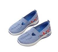 Generisch Chaussures de course orthopédiques confortables pour femme, pantoufles brodées de fleurs, chaussures plates en tricot légères et respirantes, bleu clair, 42 EU