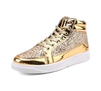 Generisch Chaussures design pour homme 46 - En cuir clair avec paillettes - Semelle épaisse - Chaussures de loisirs confortables - Baskets pour homme, or, 45 EU