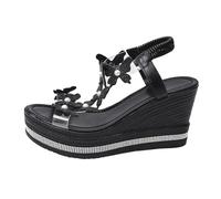 Generisch Chaussures d'hiver pour femme - Sandales compensées avec nœud décoré - Slip On Bottom - Sandales décontractées - Sandales bleues pour femme, Noir , 35 EU