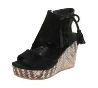 Generisch Chaussures noires pour femme 40 - Sandales compensées à pompon - Talons hauts - Bouche de poisson - Semelle épaisse - Chaussures à plateforme - Sandales pour femme, Noir , 35 EU