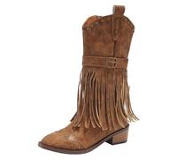 Generisch Chaussures pour femme avec franges moyennes Bottes western et motard avec talon bloc Bottes de cowboy occidentaux automne et hiver nouveau cowboy occidental, marron, 39 EU