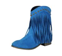 Generisch Chelsea Bottines à franges pour femme - Couleur unie - Talon épais - Bout rond - Décontractée - Bottines plates - Mode - Talon court - Fermeture éclair, bleu, 42 EU