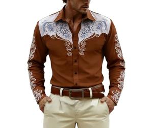 Generisch Chemise à manches longues avec imprimé intégral décontracté pour homme style occidental cowboy, marron, 3XL