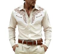 Generisch Chemise à manches longues imprimée, style festival et aventure occidentale, chemise de cowboy décontractée avec boutonnière pour un usage quotidien, beige, XXL