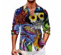 Generisch Chemise à manches longues pour homme avec tête de mort - Vintage - Chemise hawaïenne - Chemise de plage - Loisirs - Chemise d'été légère - Chemise de loisirs - Vêtement de loisirs - Manteau