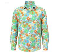 Generisch Chemise à paillettes pour homme - Manches longues - Multicolore - Motif floral - Tenue des années 70 - Disco - Nouvel An - Carnaval - Stretch - Coupe droite - Chemise boutonnée - Coupe