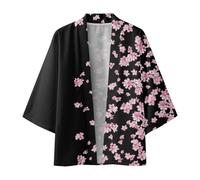 Generisch Chemise à volants hommes printemps été fleurs de cerisier cool cardigan à manches mi-longues avec imprimé intégral, imprimé chemise sans col chemise antique chemise laine homme, Rose, S