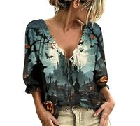 Generisch Chemise bohème à manches chauve-souris avec imprimé Halloween - Coupe décontractée - Haut tendance pour femme - Col en V - Manches dix-huit - Vêtements de tous les jours