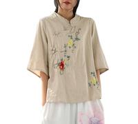 Generisch Chemise chinoise à col montant national grande taille en lin, kaki, 4XL