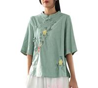 Generisch Chemise chinoise à col montant national grande taille en lin, vert, 4XL