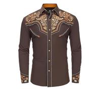 Generisch Chemise de cowboy occidental pour homme, manches longues, coupe ajustée, brodée avec poches, design décontracté boutonné pour les hommes soucieux du style, marron, XL