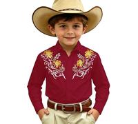 Generisch Chemise de cowboy western à manches longues pour garçon, à carreaux, boutonnée, style ranch, haut décontracté en denim, rouge, 12-13 ans