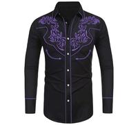 Generisch Chemise de cowboy western pour homme - Chemise brodée fine à manches longues - Col à revers - Chemise de loisirs - Chemise western - Manches longues - Broderie Snap, O violet, L