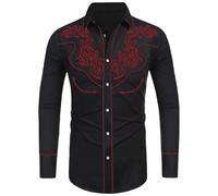 Generisch Chemise de cowboy western pour homme - Chemise brodée fine à manches longues - Col à revers - Chemise de loisirs - Chemise western - Manches longues - Broderie Snap, O rouge., M