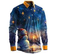 Generisch Chemise de Noël pour homme - Chemise de Noël amusante à manches longues - Impression 3D de Père Noël - Chemise funky Slim Fit Button Up Rever - Chemise de loisirs - Bleu foncé - XXL