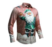Generisch Chemise de Noël pour homme - Chemise de Noël amusante à manches longues - Impression 3D de Père Noël - Chemise funky Slim Fit Button Up Rever - Chemise de loisirs - Rouge pastèque XL