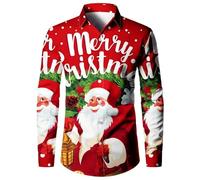 Generisch Chemise de Noël pour homme - Chemise de Noël amusante à manches longues - Impression 3D de Père Noël - Chemise funky Slim Fit Button Up Rever - Chemise de Noël - Chemise de loisirs - Rouge