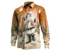 Generisch Chemise de Noël pour homme - Chemise de Noël amusante à manches longues - Impression 3D de Père Noël - Chemise funky Slim Fit Button Up Rever - Chemise de Noël - Chemise de loisirs - Or XXL