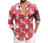 Generisch Chemise de Noël pour homme - Manches longues drôle - Impression 3D - Chemise de Père Noël Funky Slim Fit Button Up Rever - Chemise de Noël - Chemise de loisirs D 3XL