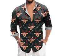 Generisch Chemise de Noël pour homme - Manches longues drôle - Impression 3D - Chemise de Père Noël Funky Slim Fit Button Up Rever - Chemise de Noël - Chemise de loisirs F L
