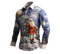 Generisch Chemise de Noël pour homme - Manches longues drôle - Impression 3D - Chemise de Père Noël Funky Slim Fit Button Up Rever - Chemise de Noël - Chemise de loisirs - Bleu marine - Taille L