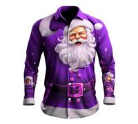 Generisch Chemise de Noël pour homme - Manches longues drôle - Impression 3D - Père Noël - Chemise funky Slim Fit Button Up Rever - Chemise de Noël - Chemise de loisirs - Violet - Taille 3XL