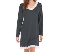 Generisch Chemise de nuit à manches longues pour femme - Col en V - Nuisette douillette - Couleur unie - Avec dentelle - Chemise de nuit courte élégante - Doux pour la peau - Confortable - Pour le