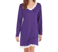 Generisch Chemise de nuit à manches longues pour femme - Col en V - Nuisette douillette - Couleur unie - Avec dentelle - Chemise de nuit courte élégante - Doux pour la peau - Confortable - Pour le