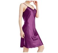 Generisch Chemise de nuit en polaire douillette pour femme - Col en V - Respirant - Avec bretelles spaghetti en satin - Chemise de nuit, Violet foncé., L