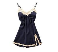 Generisch Chemise de nuit fine en soie glacée pour femme - Pyjama en dentelle avec fente - Coussinets de poitrine - Homewear, Marine, L