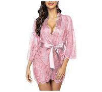 Generisch Chemise de nuit sexy pour femme - Ensemble 2 pièces - En maille florale - Robe avec string - Nuisette push-up - Dentelle transparente - Courte, 1-rouge, S