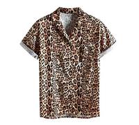 Generisch Chemise de poche à manches confortables en duvet court décontracté col léopard pour hommes chemises amples, marron, M