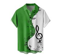 Generisch Chemise décontractée pour homme avec imprimé patchwork musical à manches courtes, haut à col rabattu, chemisier, vert, L
