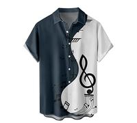 Generisch Chemise décontractée pour homme avec motif patchwork imprimé musical, haut à manches courtes tendance avec col rabattu classique, Marine, XL