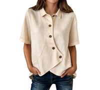 Generisch Chemise décontractée unie avec boutonnière asymétrique, manches courtes, design d'étiquette claire, chemisier pour femme, pour le quotidien, le bureau, les vacances, beige, 3XL