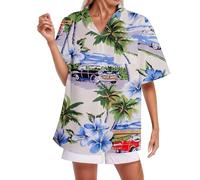 Generisch Chemise d'été à manches courtes avec motif floral exotique pour femme, vêtements décontractés élégants par temps chaud, bleu clair, L
