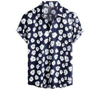 Generisch Chemise d'été pour homme, manches courtes, col ouvert, devant ouvert, chemise de plage, chemise courte avec nœud papillon pour homme, bleu foncé, L