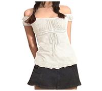 Generisch Chemise en dentelle unie en maille pour femme avec nœud à la taille - Haut à manches courtes - Noir, Blanc., S
