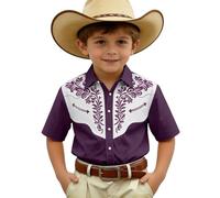Generisch Chemise en jean à manches courtes pour garçon, style western décontracté avec imprimé décoratif, boutonnière pratique, lilas, 3-4 ans