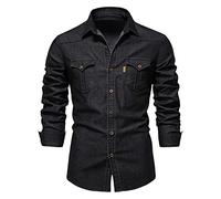 Generisch Chemise en jean classique à manches longues lavée avec poche étroite pour homme respirante et perméable à l'air moderne coupe slim fit loisirs avec col allongé Chemise Comfort Fit Chemise