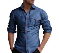 Generisch Chemise en jean pour homme - Coupe droite - Manches longues - Chemise de loisirs - Chemise d'affaires - Coupe ajustée - Chemise de travail - Chemise de safari - Couleur unie - Chemise de