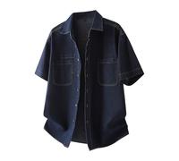 Generisch Chemise en jean pour homme - Manches courtes - Grande taille - Chemise d'été en jean - Chemisier d'été en denim - Chemisier d'été - Col rabattu - Poche de poitrine - Chemise à manches