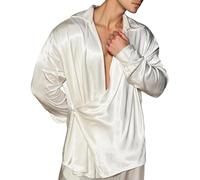 Generisch Chemise en satin pour homme au look portefeuille - T-shirt extravagant à manches longues avec col en V profond - Chemise fluide pour les fêtes et les occasions spéciales, Style_a02 Blanc, M